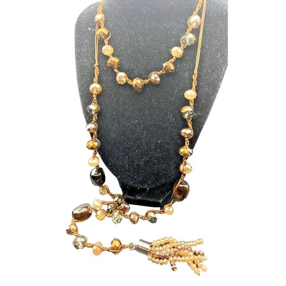 Champagne Root Beer Tassel Necklace 2 Strand Copper Glass Bead AB Macrame Cord - Picture 2 of 9